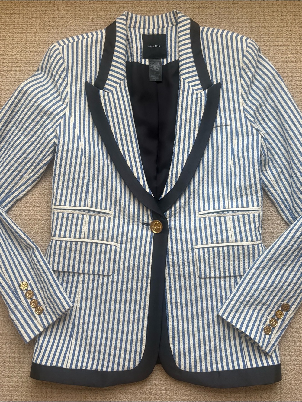 Smythe Navy & White Striped Searsucker Blazer with Black Satin Trim